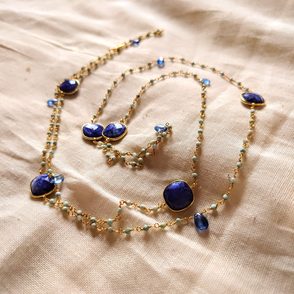 Lange vergulde 925 zilveren ketting met kyaniet, blauwe sillimaniet en larimar - Insight Stones