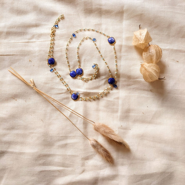 Lange vergulde 925 zilveren ketting met kyaniet, blauwe sillimaniet en larimar - Insight Stones